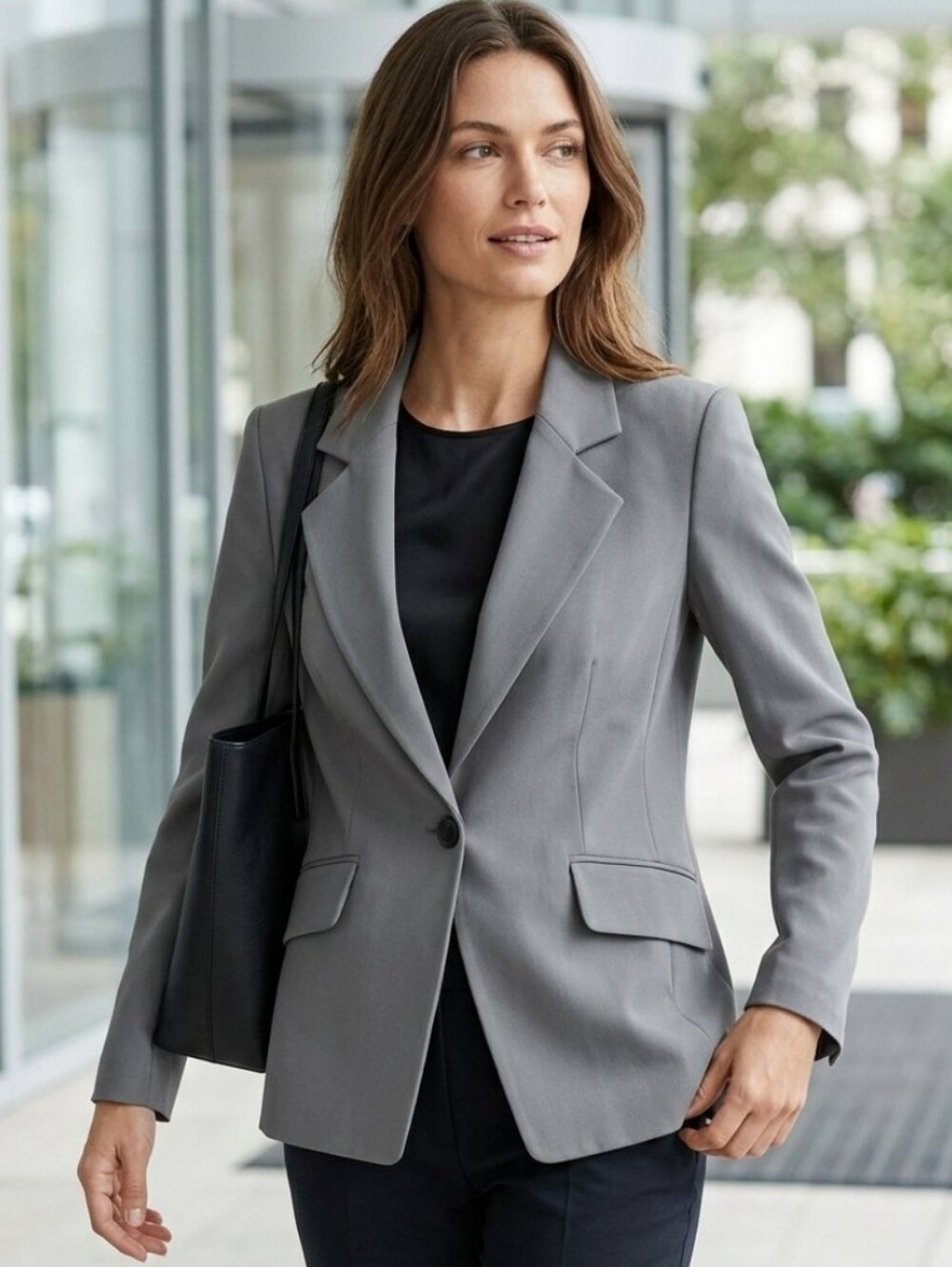 St. John Collection Gray Herringbone Single-Button Stretch Blazer Jacket - 12